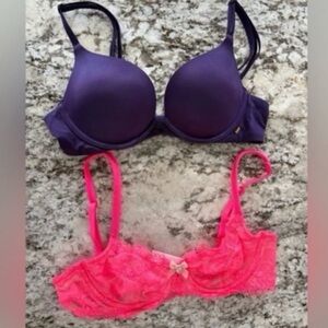 Very Sexy Push Up Dark Purple Bra & Unlined Demi Lace Neon Hot Pink Bra 32B